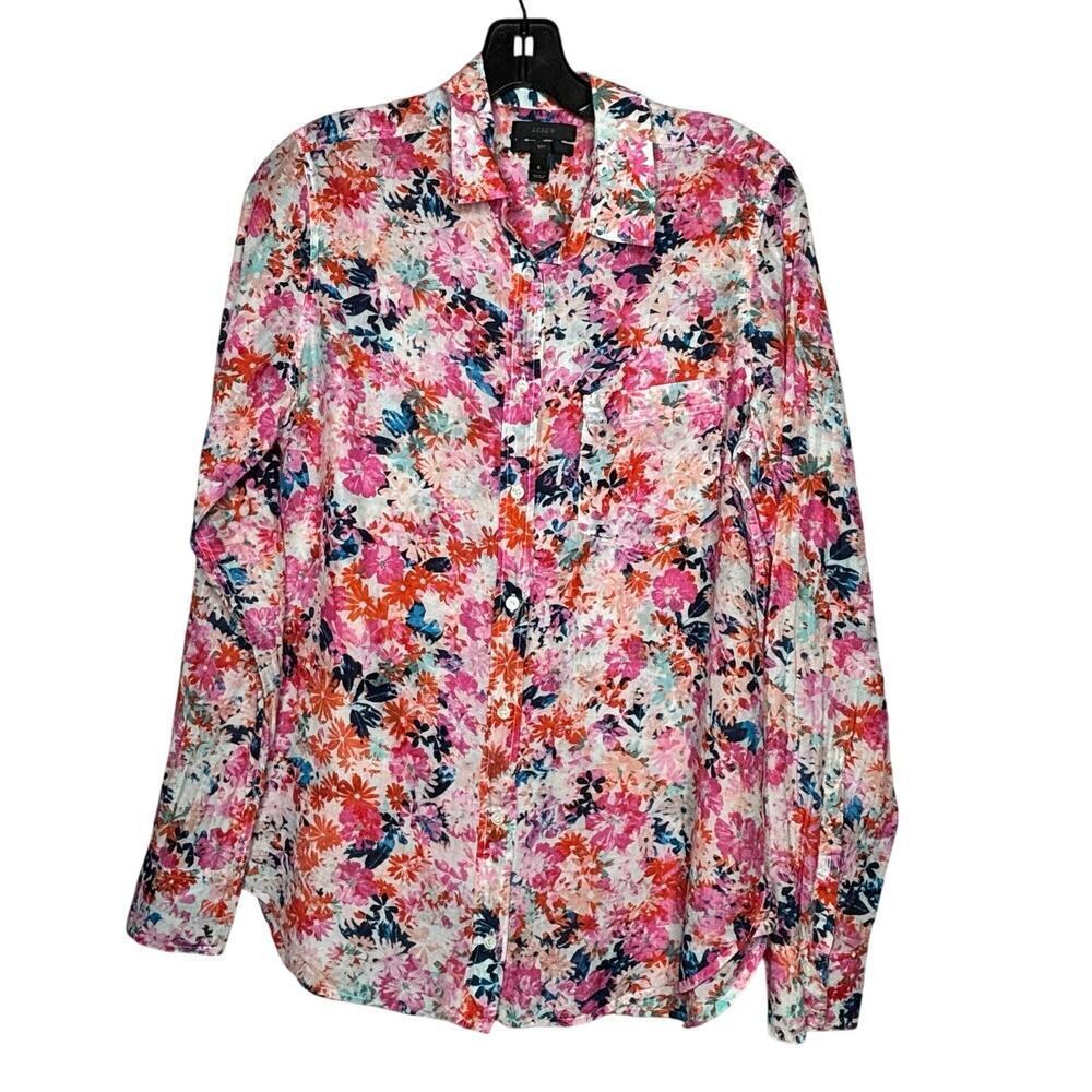 J. Crew Floral Boy Fun Preppy Button Down Silk Cotton Lightweight Shirt Size 8